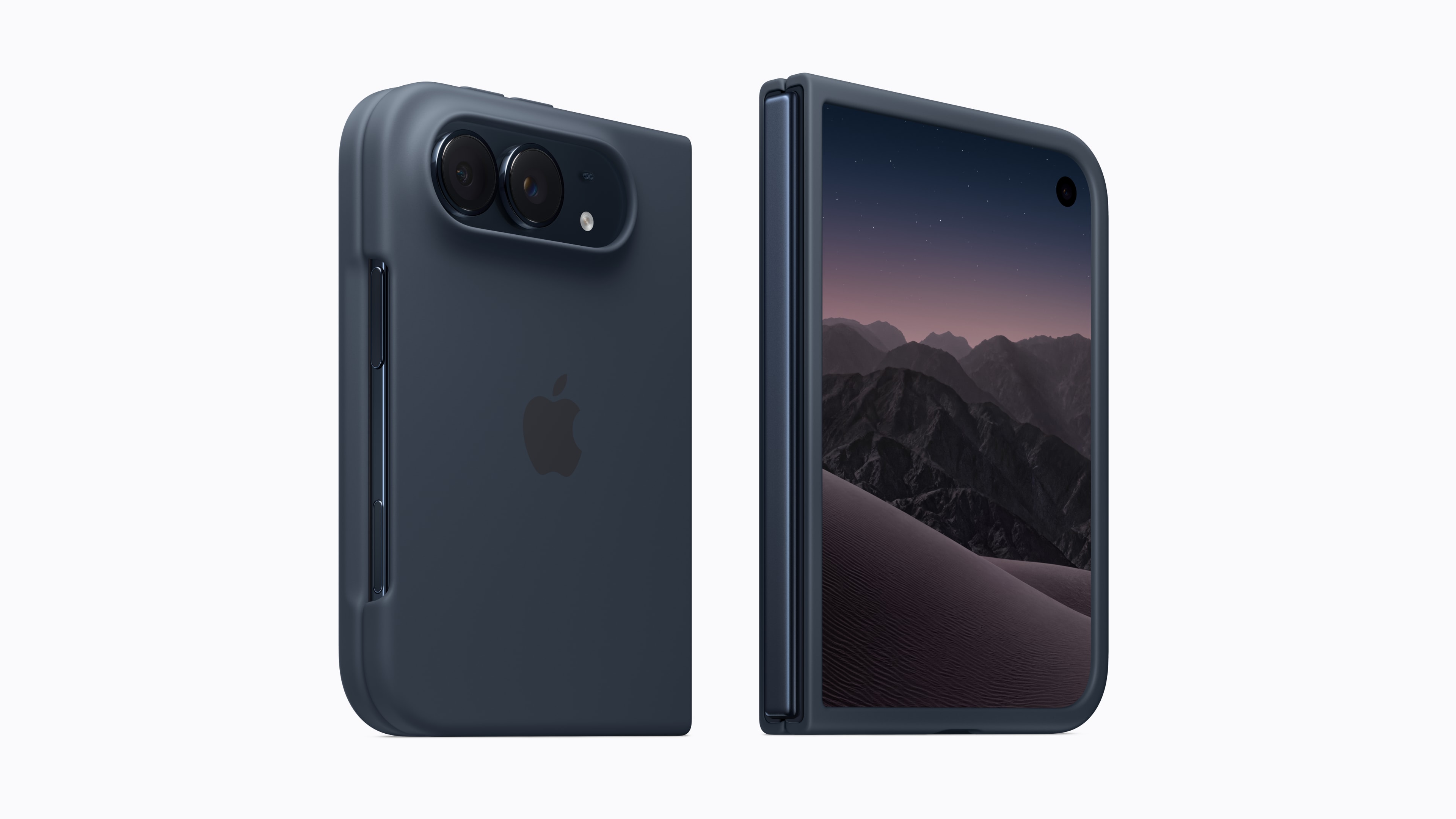 Apple press image of iPhone Duo in the Navy Blue Duo Case, front and back views