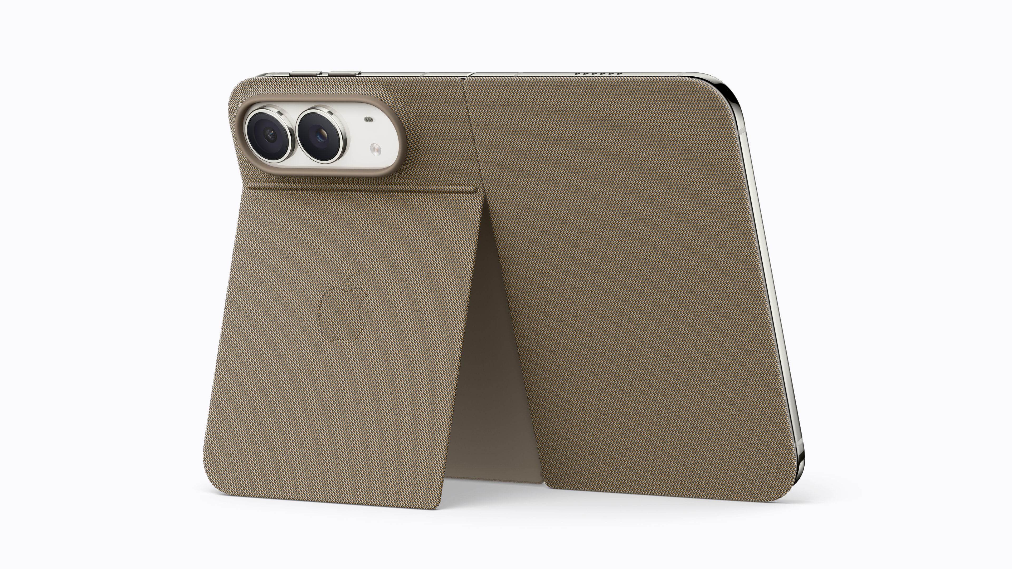 Apple press image of the Taupe iPhone Duo Folio with its kickstand extended